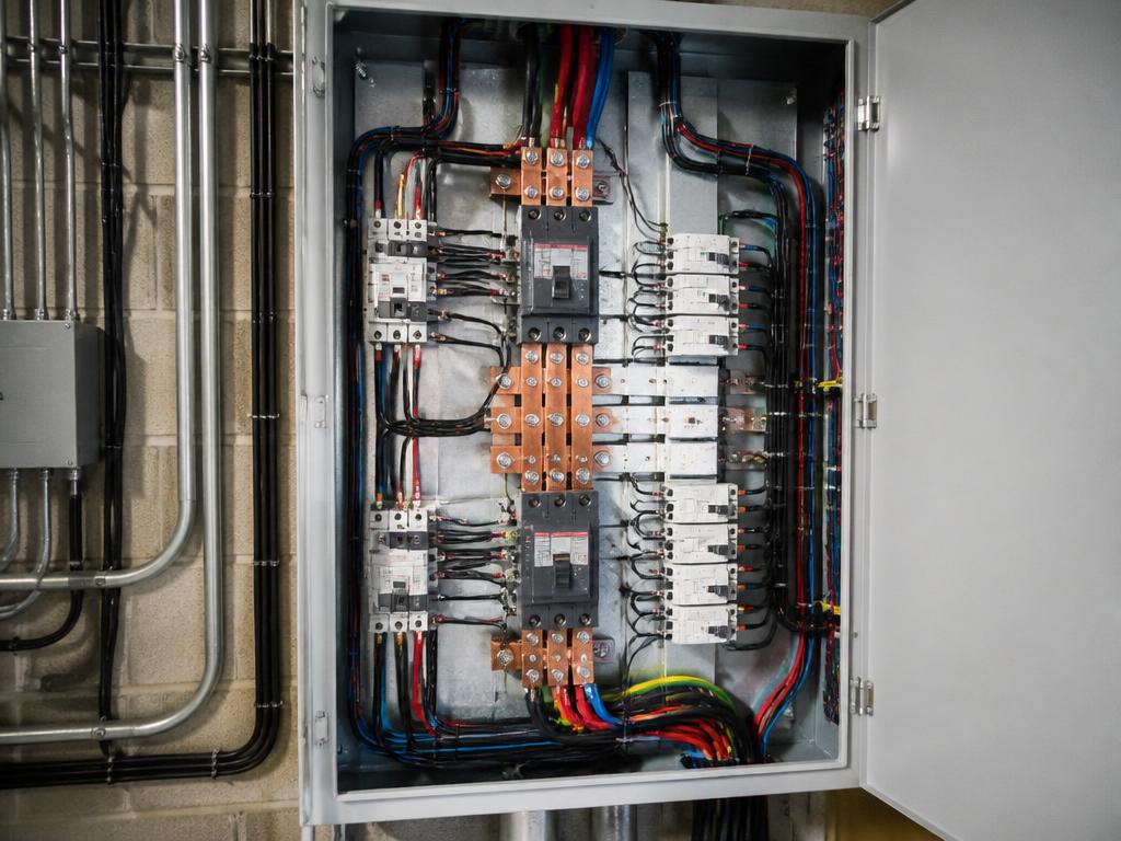 Quadro de distribuição elétrica predial aberto com disjuntores e barramentos de cobre