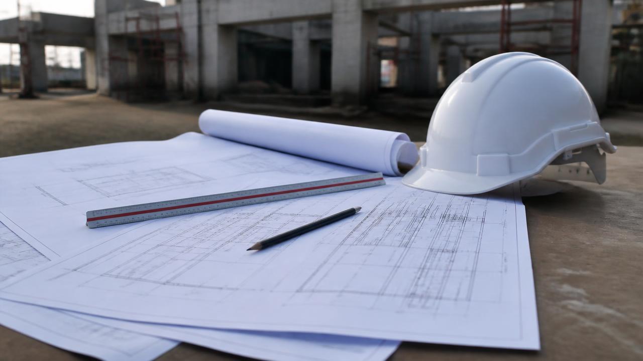 Pranchas de projeto estrutural impressas sobre mesa em obra, com escalímetro e capacete